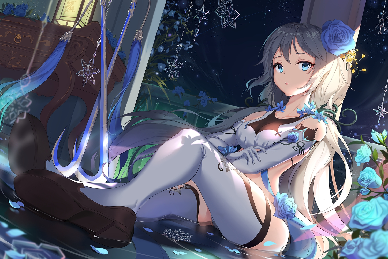 aqua_eyes, brown_hair, elbow_gloves, flowers, gloves, houchi_shoujo, long_hair, night