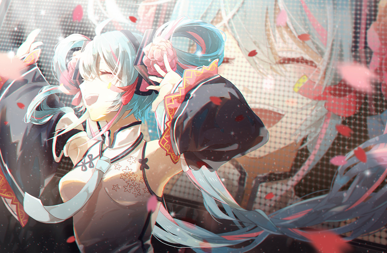 aqua_hair, breasts, chinese_clothes, chinese_dress, dress, flowers, hatsune_miku, hiro_chikyuujin, long_hair, petals, tie, twintails, vocaloid