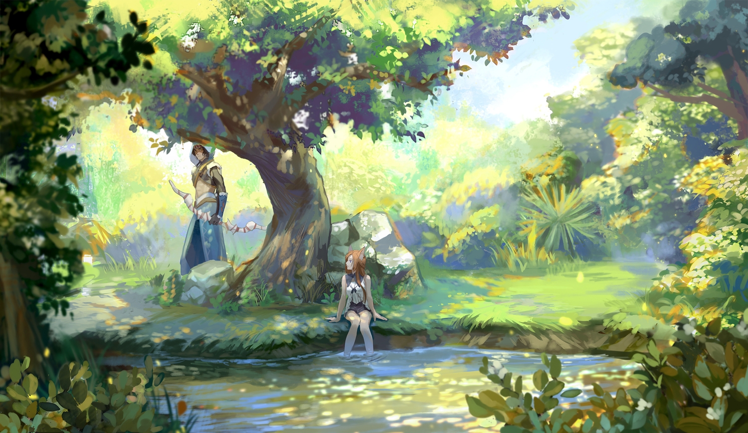 achyue, animal_ears, bow_(weapon), braids, brown_hair, green, long_hair, male, original, pixiv_fantasia, purple_eyes, scenic, tree, water, weapon