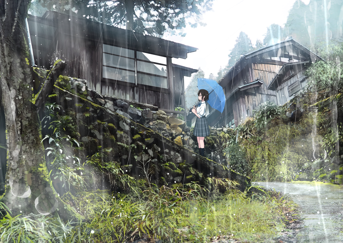 aliasing, black_eyes, black_hair, original, rain, sakeharasu, school_uniform, short_hair, tree, umbrella, water