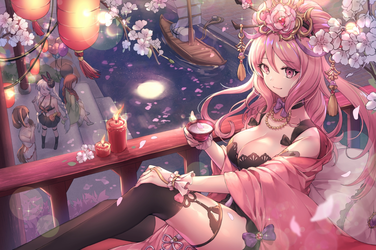 boat, bow, breasts, cleavage, consort_yu_(houchi_shoujo), drink, fire, flowers, houchi_shoujo, long_hair, ozzingo, petals, pink_eyes, pink_hair, sake, thighhighs, water
