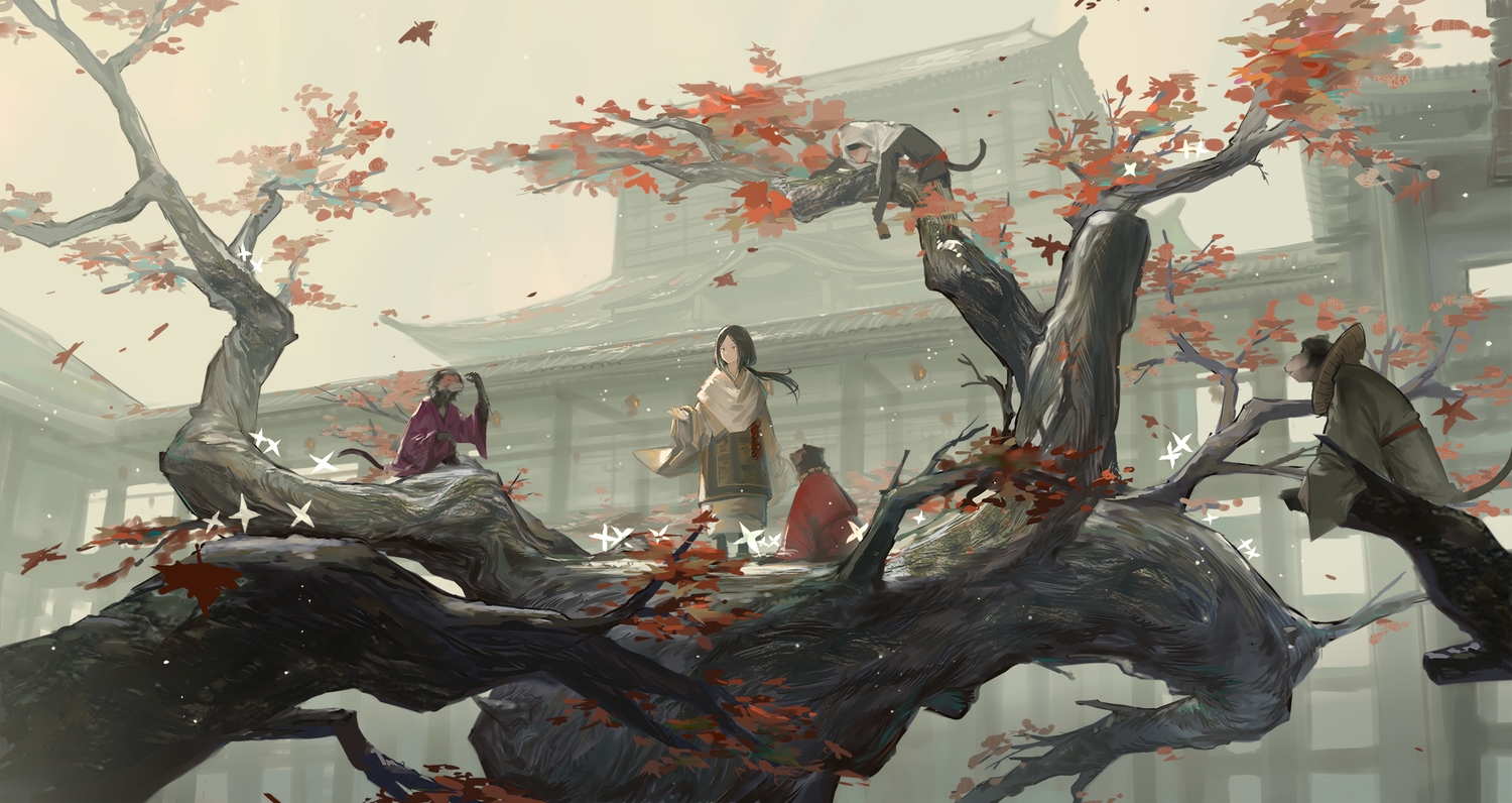 animal, autumn, black_hair, building, divine_child_of_rejuvenation, huanxiang_heitu, long_hair, sekiro:_shadows_die_twice, tree