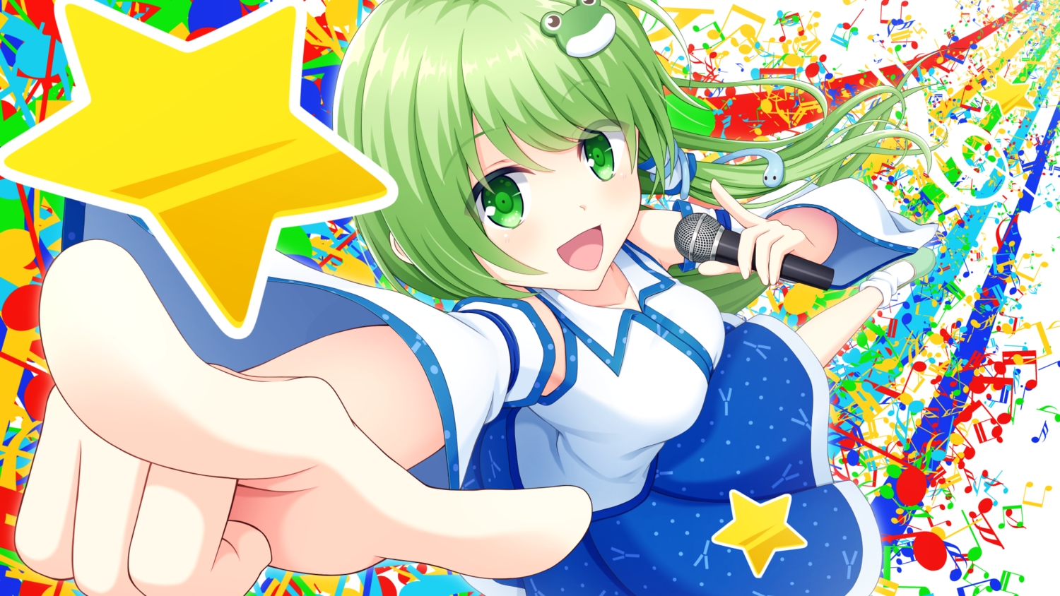 animal, close, green_eyes, green_hair, japanese_clothes, kochiya_sanae, long_hair, microphone