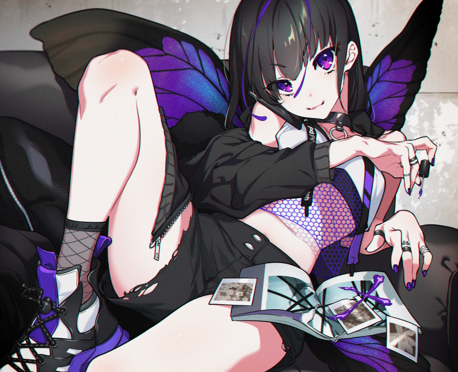 black_hair, book, cropped, long_hair, original, purple_eyes, torn_clothes, westxost_(68monkey), wings