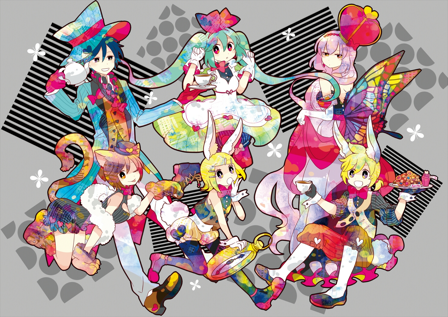 7:24, alice_in_wonderland, animal_ears, bunny_ears, bunnygirl, catgirl, cosplay, drink, group, hat, hatsune_miku, japanese_clothes, kagamine_len, kagamine_rin, kaito, male, megurine_luka, meiko, vocaloid, wings