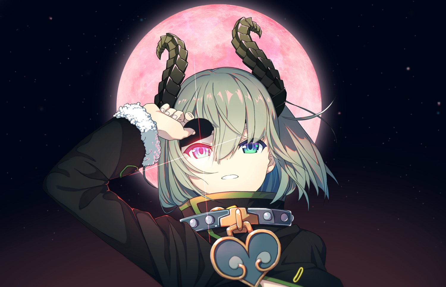 774_inc., bicolored_eyes, collar, demon, eyepatch, gray_hair, honey_strap, horns