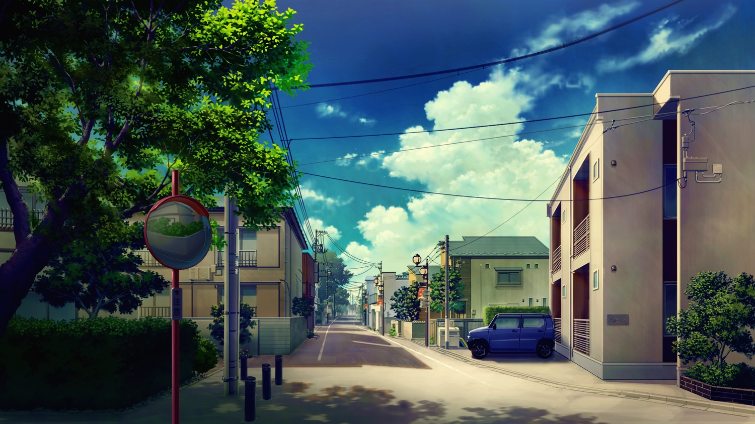 building, car, city, clouds, mirror, mitsu_ura, no_humans, original