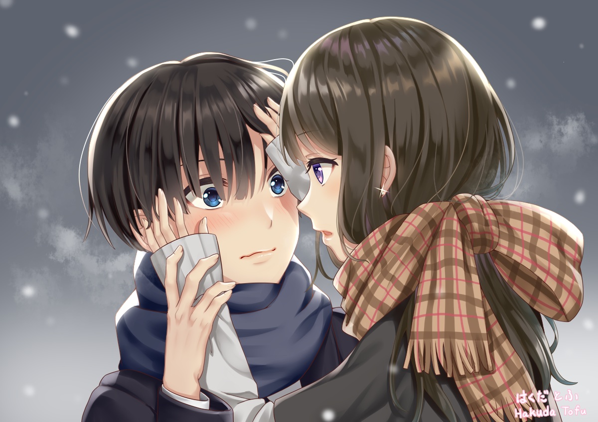 black_hair, blue_eyes, blush, close, gradient, hakudatofu, long_hair, original