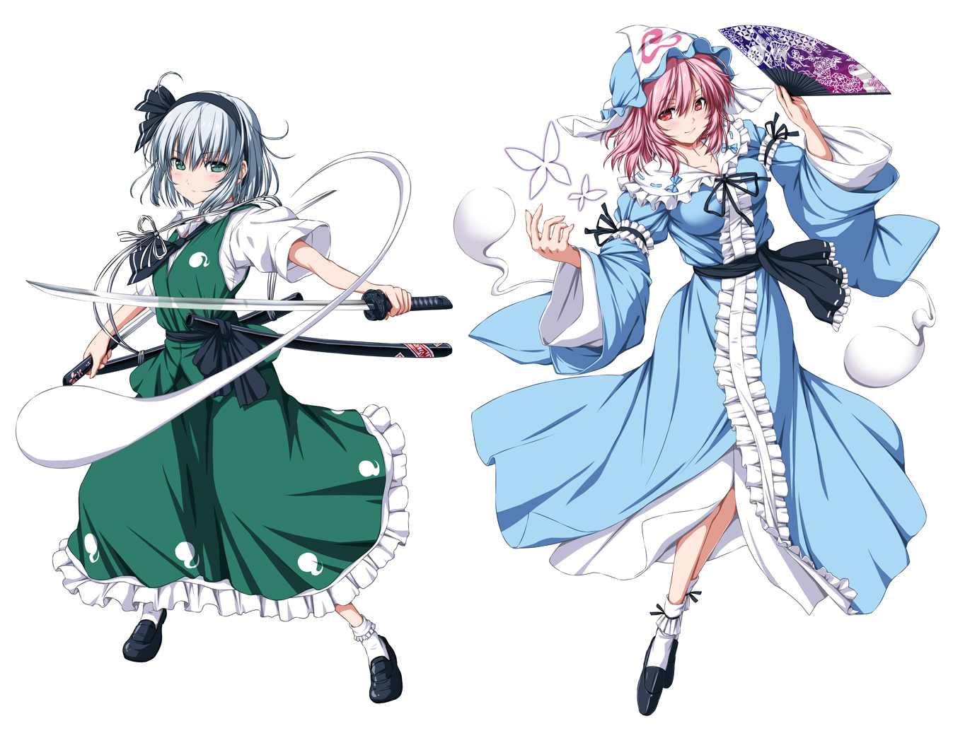 2girls, aliasing, blush, bow, dress, fan, gray_hair, green_eyes