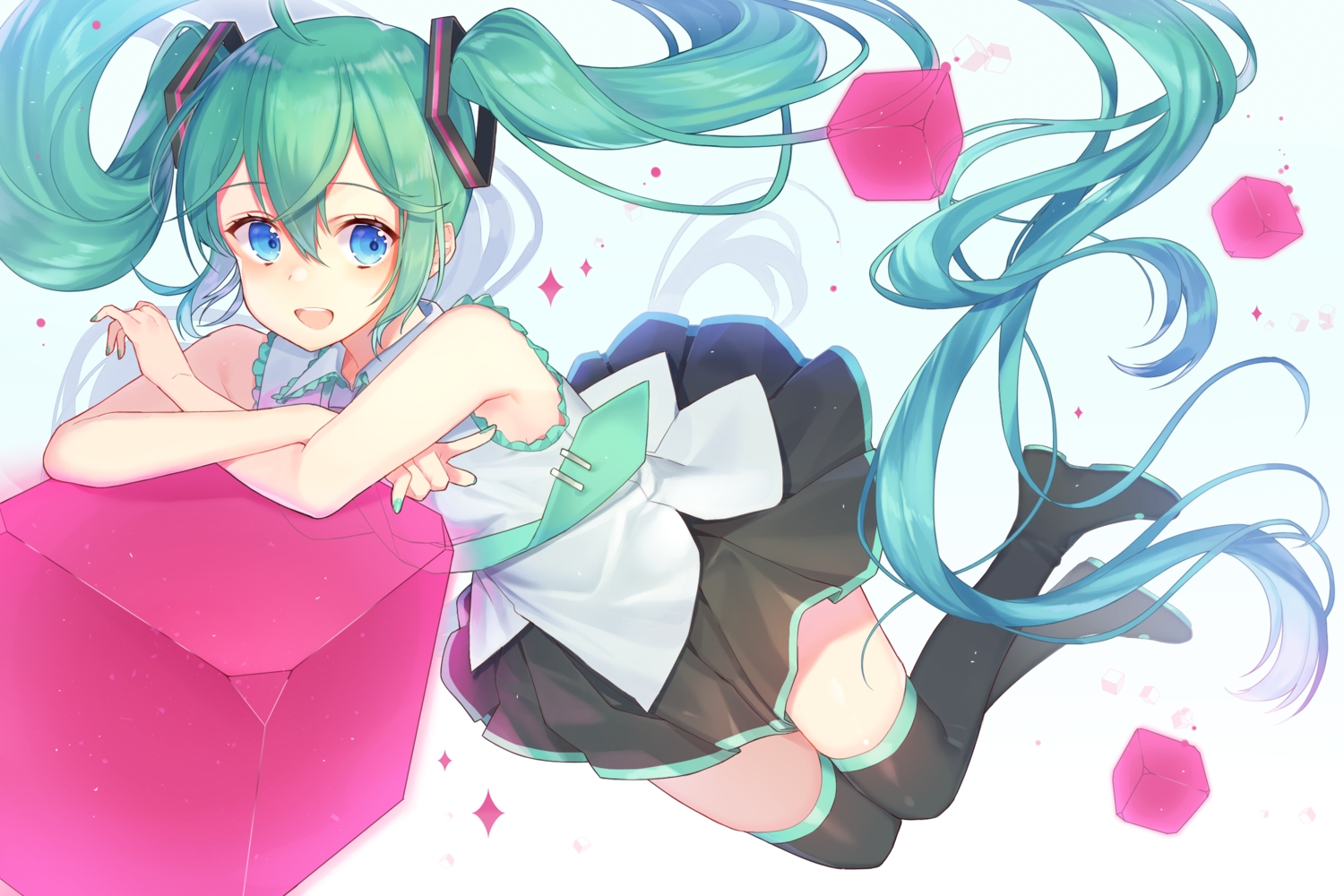 aqua_eyes, boots, green_hair, hatsune_miku, ion_(on01e), long_hair, skirt, thighhighs
