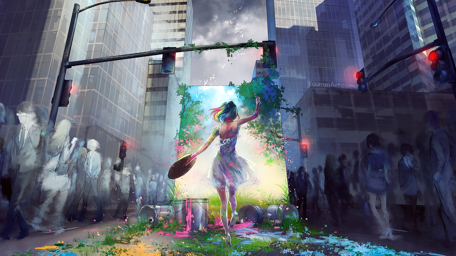 animal, barefoot, bird, blue_hair, building, city, clouds, dress