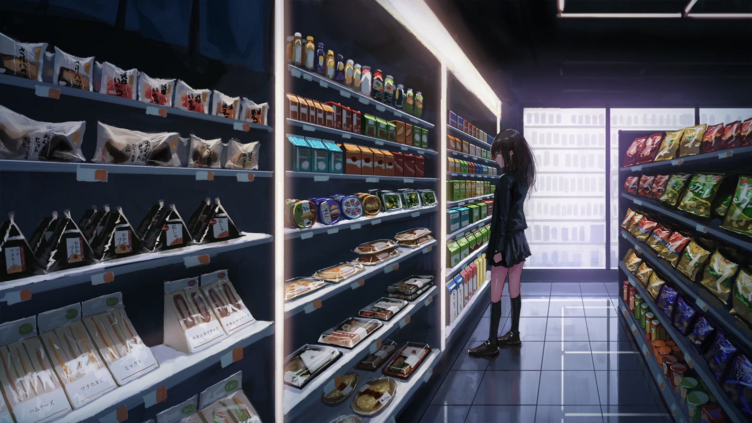 black_hair, drink, food, kagumanikusu, kneehighs, long_hair, original, school_uniform