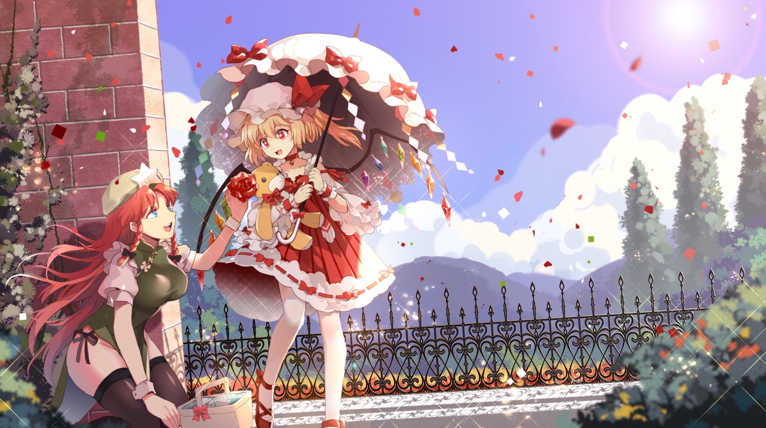 2girls, chinese_clothes, flandre_scarlet, hong_meiling, loli, pantyhose, teddy_bear, thighhighs
