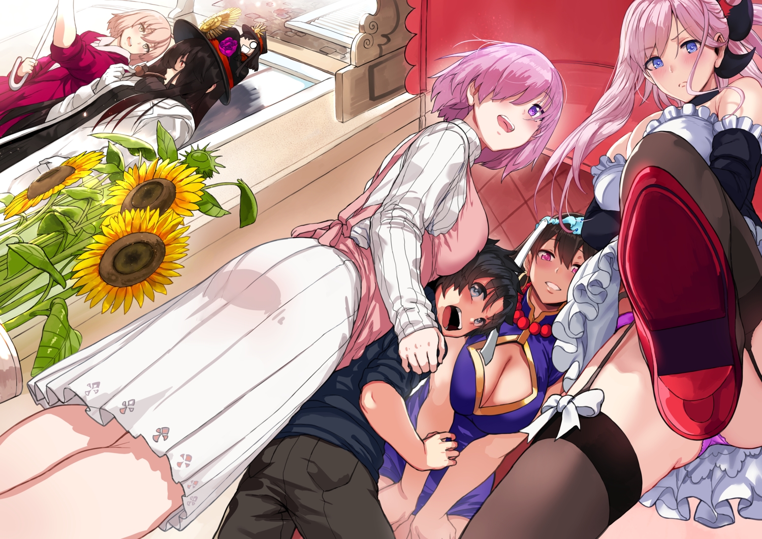 apron, black_hair, blue_eyes, breasts, chibi, choker, cleavage, dress, fate/grand_order, fate_(series), flowers, fujimaru_ritsuka_(male), garter_belt, gloves, group, hat, headdress, hewsack, long_hair, maid, male, mash_kyrielight, miyamoto_musashi_(fate/grand_order), necklace, nobunaga_oda_(fate), okita_souji_(fate), panties, pink_eyes, pink_hair, purple_eyes, purple_hair, red_eyes, short_hair, skirt, stockings, sunflower, thighhighs, underwear, upskirt, xuanzang_sanzang_(fate), yellow_eyes