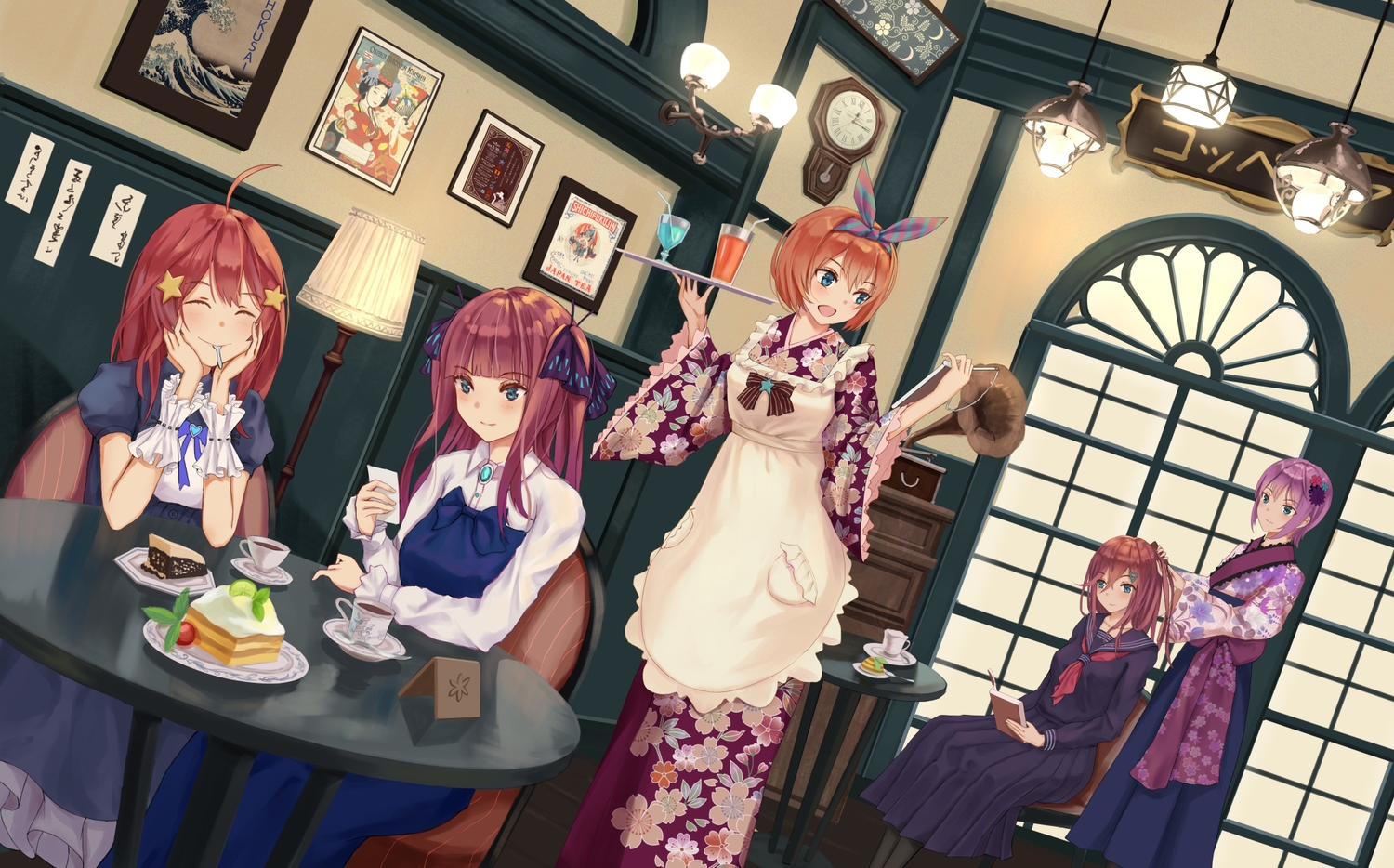 apron, blue_eyes, cake, cherry, drink, food, fruit, go-toubun_no_hanayome, group, japanese_clothes, long_hair, nakano_ichika, nakano_itsuki, nakano_miku, nakano_nino, nakano_yotsuba, orange_hair, purple_hair, red_hair, school_uniform, short_hair, skirt, waitress, wristwear, yuzuriha