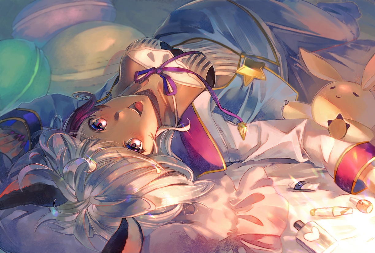 animal_ears, blush, breasts, chloe_(granblue_fantasy), dark_skin, granblue_fantasy, gray_eyes, gray_hair, hatomame, ribbons, short_hair