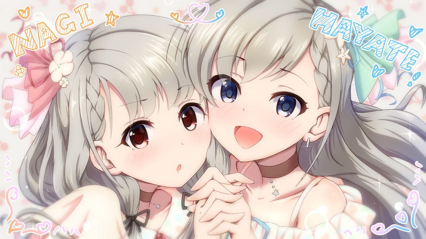 2girls, aliasing, blue_eyes, blush, braids, choker, close, gray_hair, hisakawa_hayate, hisakawa_nagi, idolmaster, idolmaster_cinderella_girls, keepvalley, long_hair, red_eyes, short_hair, twins