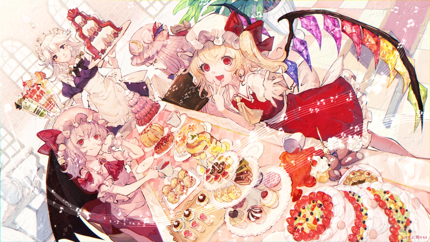 apron, blonde_hair, book, cake, cherry, dress, drink, fang