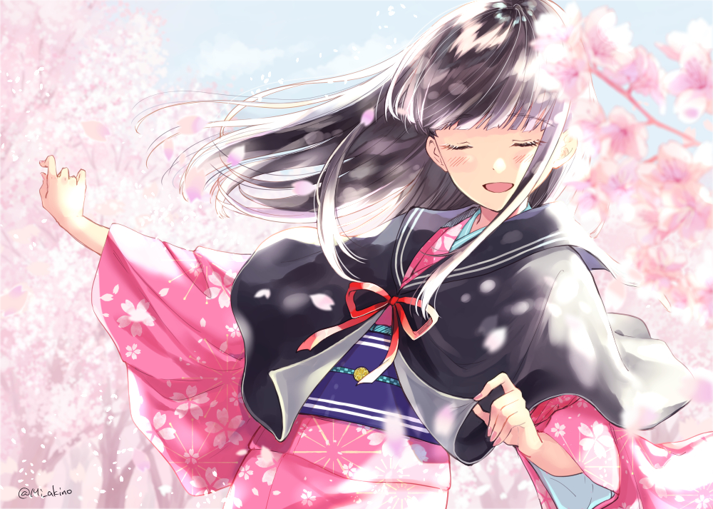 aliasing, black_hair, blush, cape, cherry_blossoms, flowers, japanese_clothes, kimono