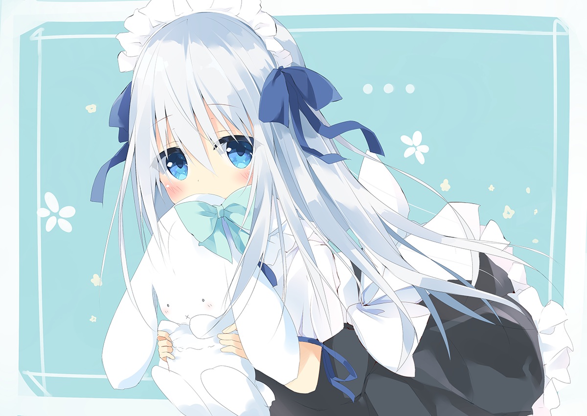 aqua_eyes, bow, bunny, dress, gray_hair, headdress, kushida_you, loli
