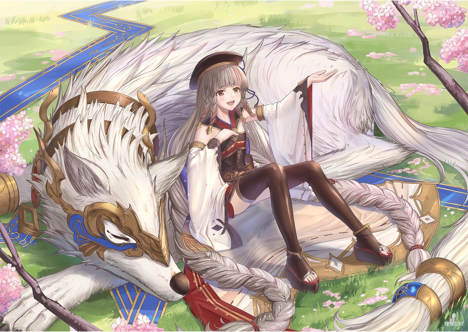 animal, bicolored_eyes, braids, brown_hair, cherry_blossoms, flowers, granblue_fantasy, grass