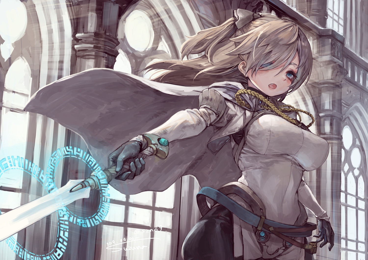 aqua_eyes, breasts, brown_hair, cape, fang, gloves, long_hair, magic