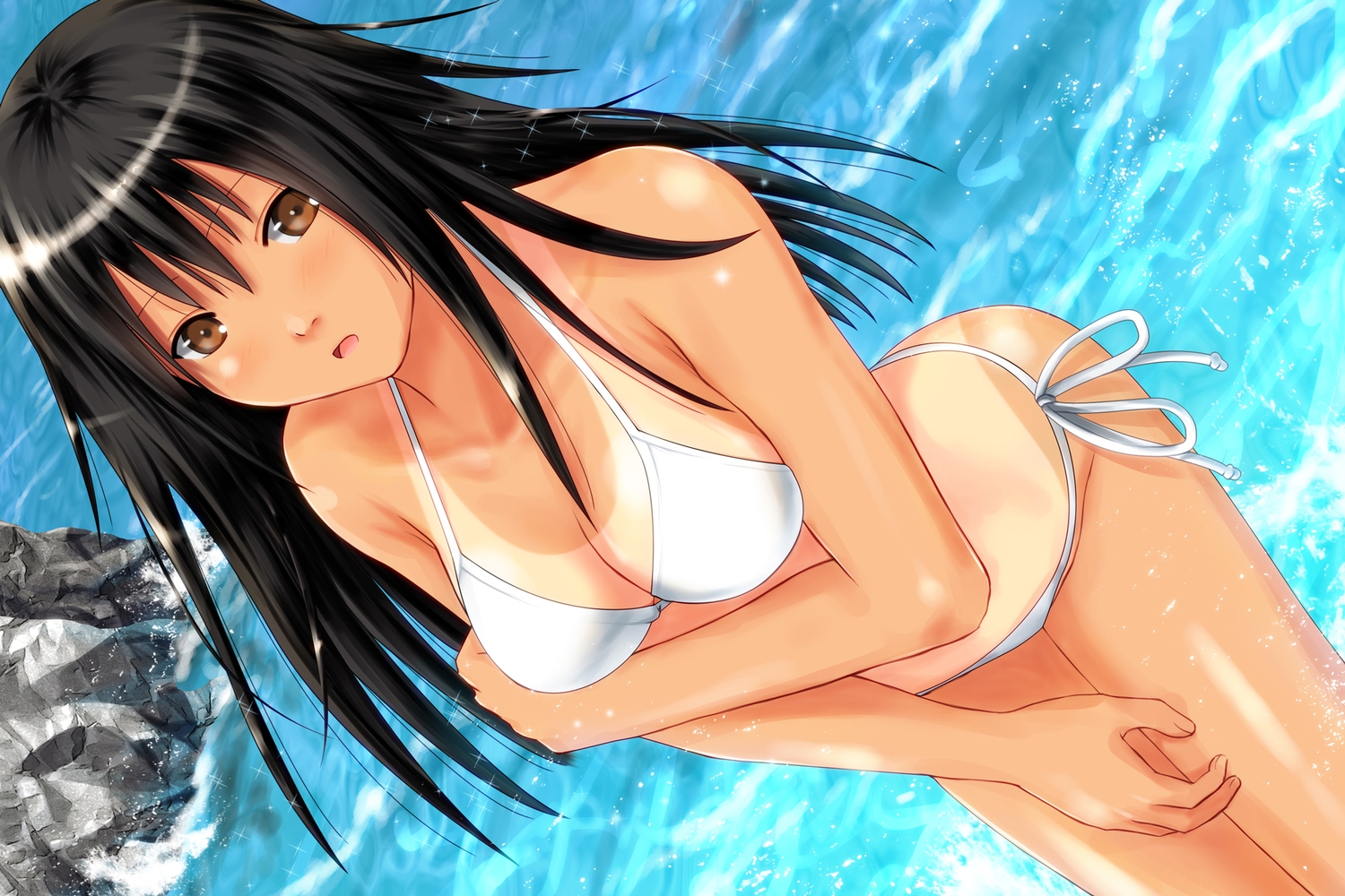 ano_hito, bikini, black_hair, breasts, brown_eyes, cleavage, close, dark_skin