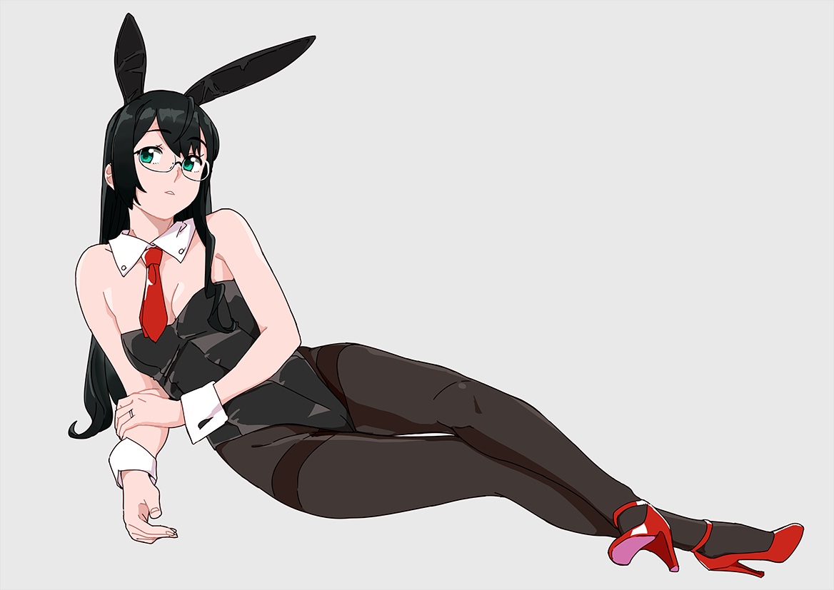 animal_ears, anthropomorphism, black_hair, breasts, bunny_ears, bunnygirl, cleavage, glasses