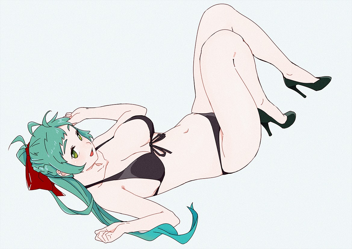 anthropomorphism, bikini, bow, braids, breasts, green_eyes, green_hair, irako_(kancolle)