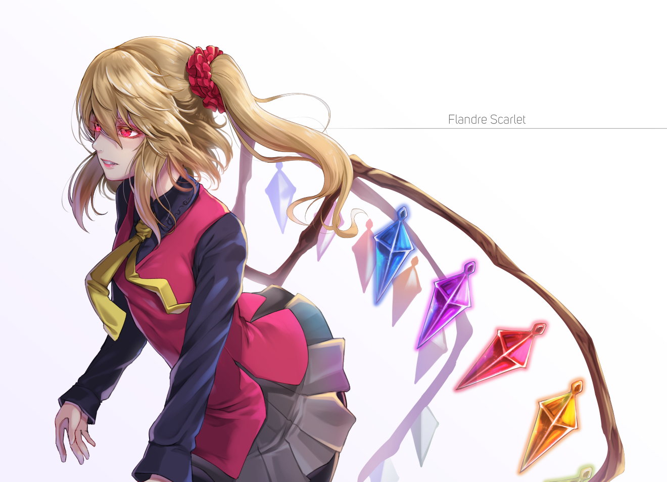 blonde_hair, flandre_scarlet, pantyhose, ponytail, red_eyes, re_(re_09), short_hair, skirt, tie, touhou, vampire, white, wings