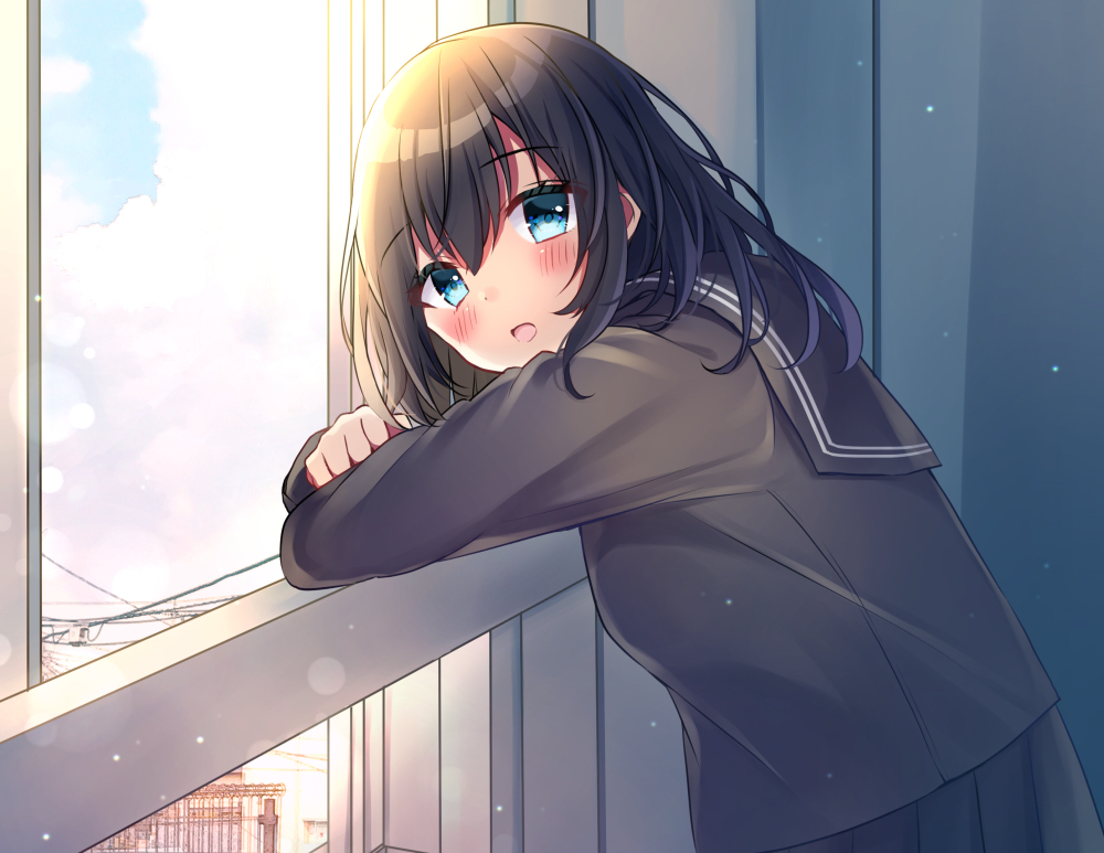 aqua_eyes, black_hair, blush, minami_saki, original, school_uniform, short_hair, skirt