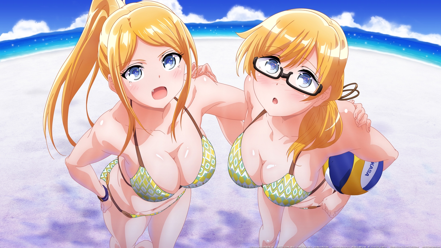 2girls, ball, beach, bikini, blonde_hair, blue_eyes, breasts, claire_thomas, cleavage, emily_thomas, fang, glasses, harukana_receive, swimsuit