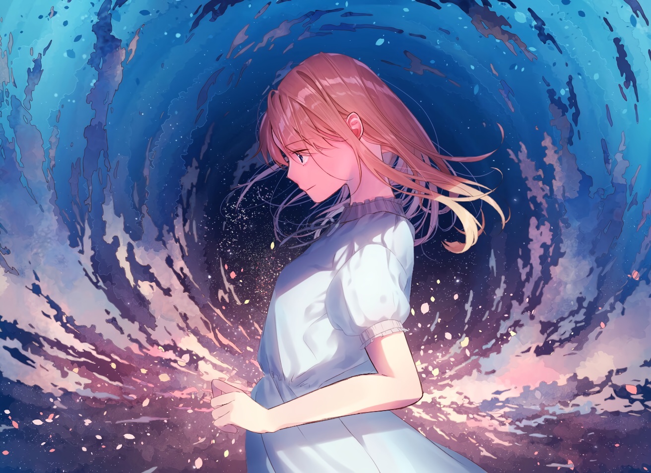 blonde_hair, blue_eyes, dress, hami_yura, long_hair, original, petals, summer_dress
