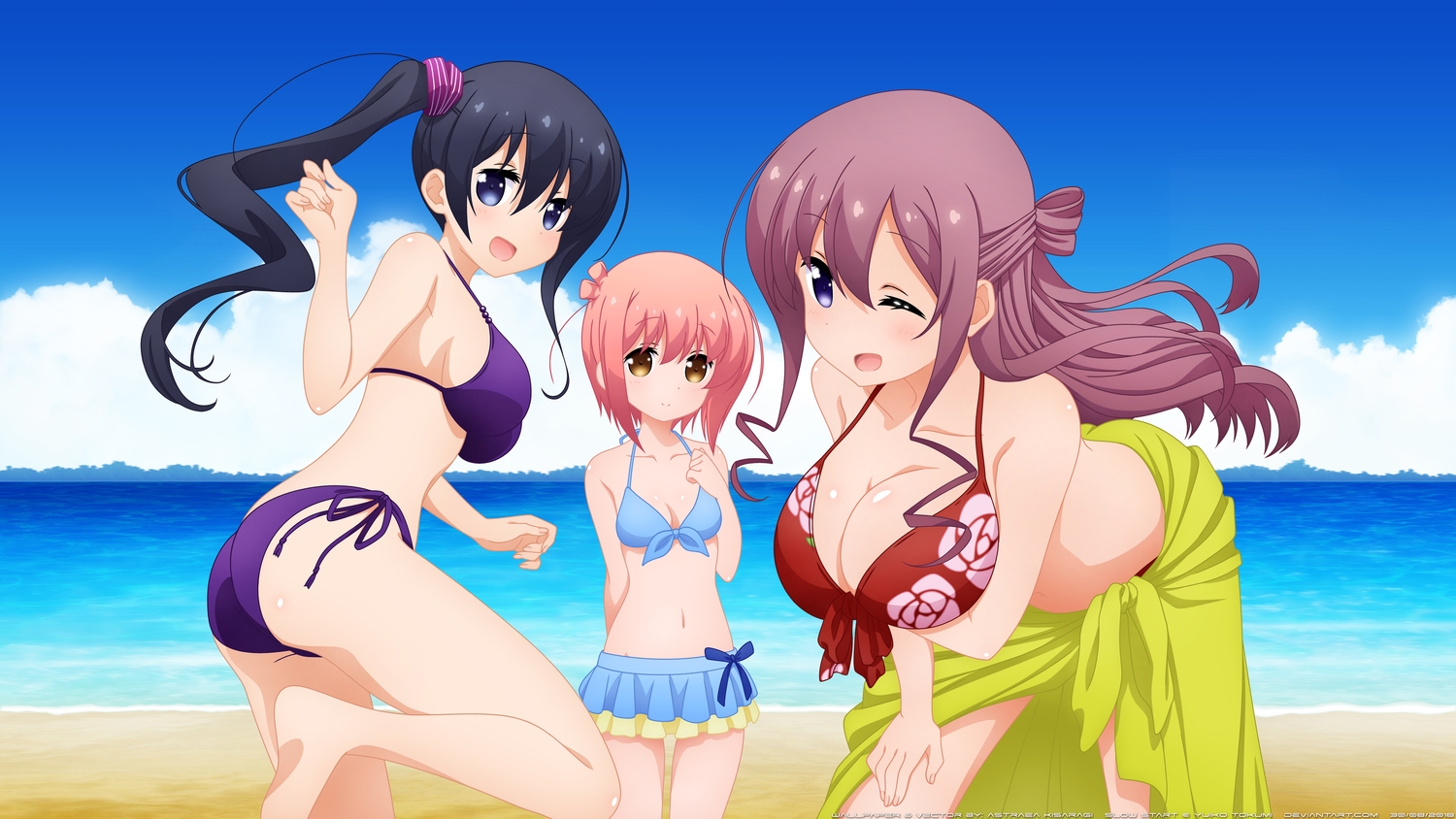 barefoot, beach, bikini, black_hair, blue_eyes, breasts, brown_eyes, brown_hair, cleavage, hannen_hiroe, ichinose_hana, kyouzuka_shion, long_hair, navel, pink_hair, ponytail, purple_eyes, skirt, slow_start, swimsuit, water, watermark, wink