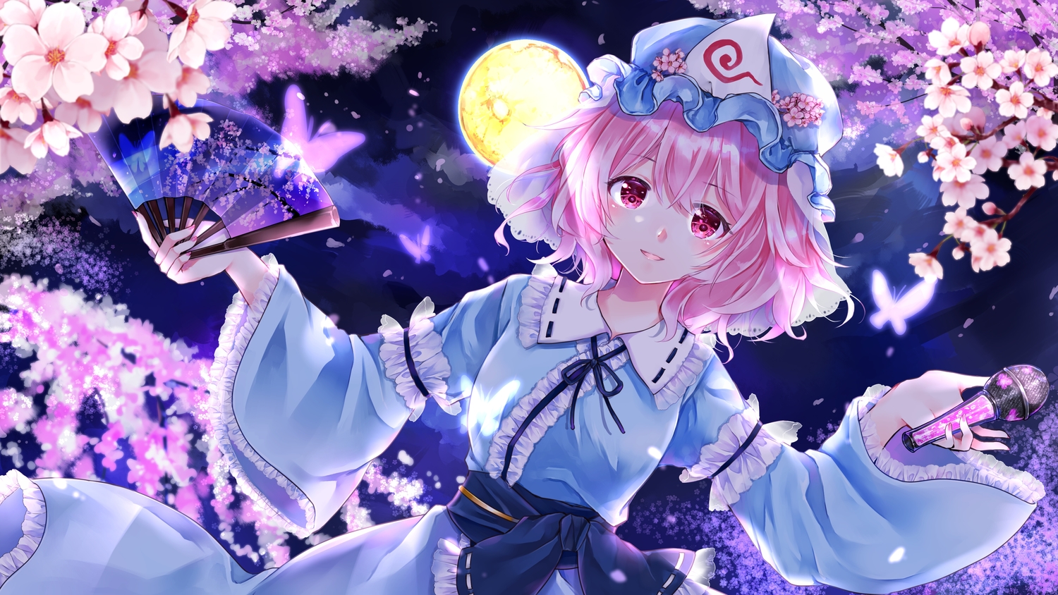 butterfly, cherry_blossoms, fan, flowers, hat, microphone, moon, petals, pink_eyes, pink_hair, saigyouji_yuyuko, short_hair, touhou, yurara_(aroma42enola)