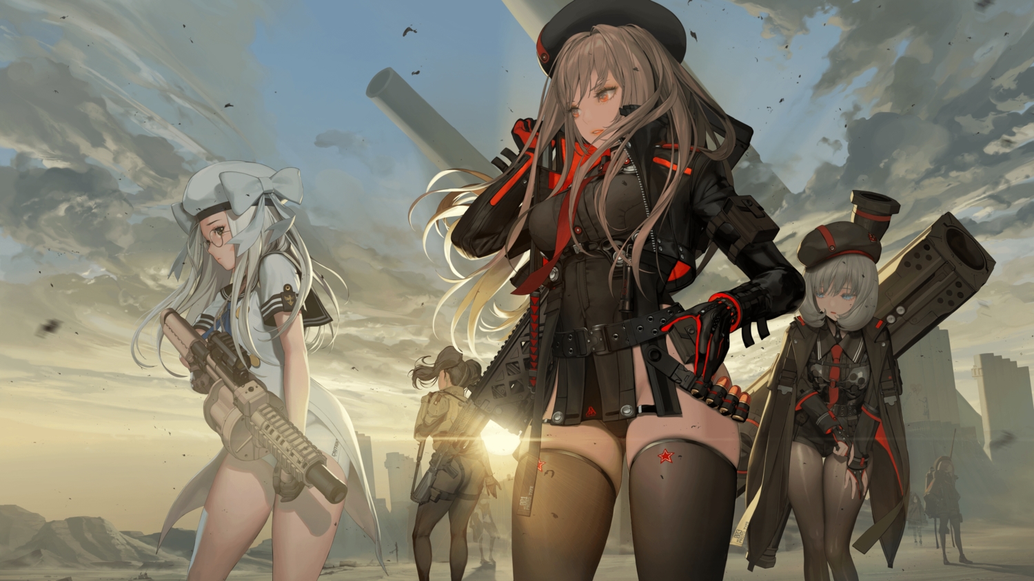 black_hair, blue_eyes, breasts, brown_hair, clouds, eunhwa_(nikke), glasses, gloves, goddess_of_victory:_nikke, gray_hair, group, gun, hat, hyulla_(nightmadness), long_hair, neon_(nikke), orange_eyes, pantyhose, rapi_(nikke), school_uniform, short_hair, shorts, sky, thighhighs, twintails, uniform, vesti_(nikke), weapon
