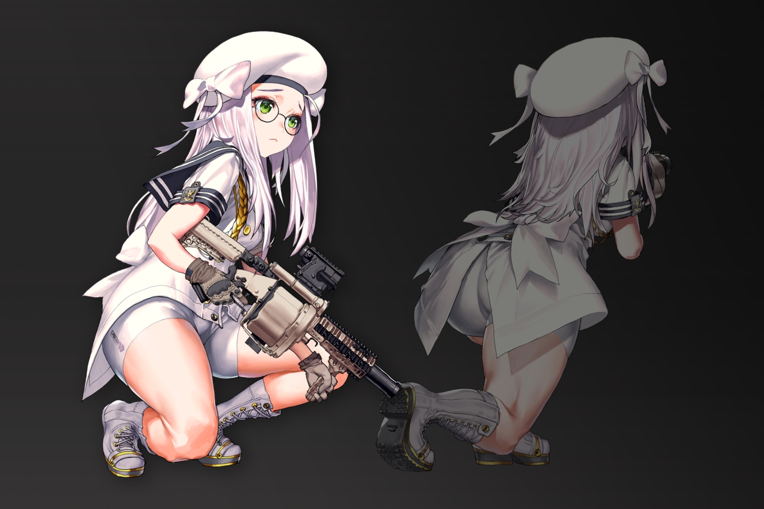 ass, black, boots, bow, glasses, gloves, goddess_of_victory:_nikke, gray_hair