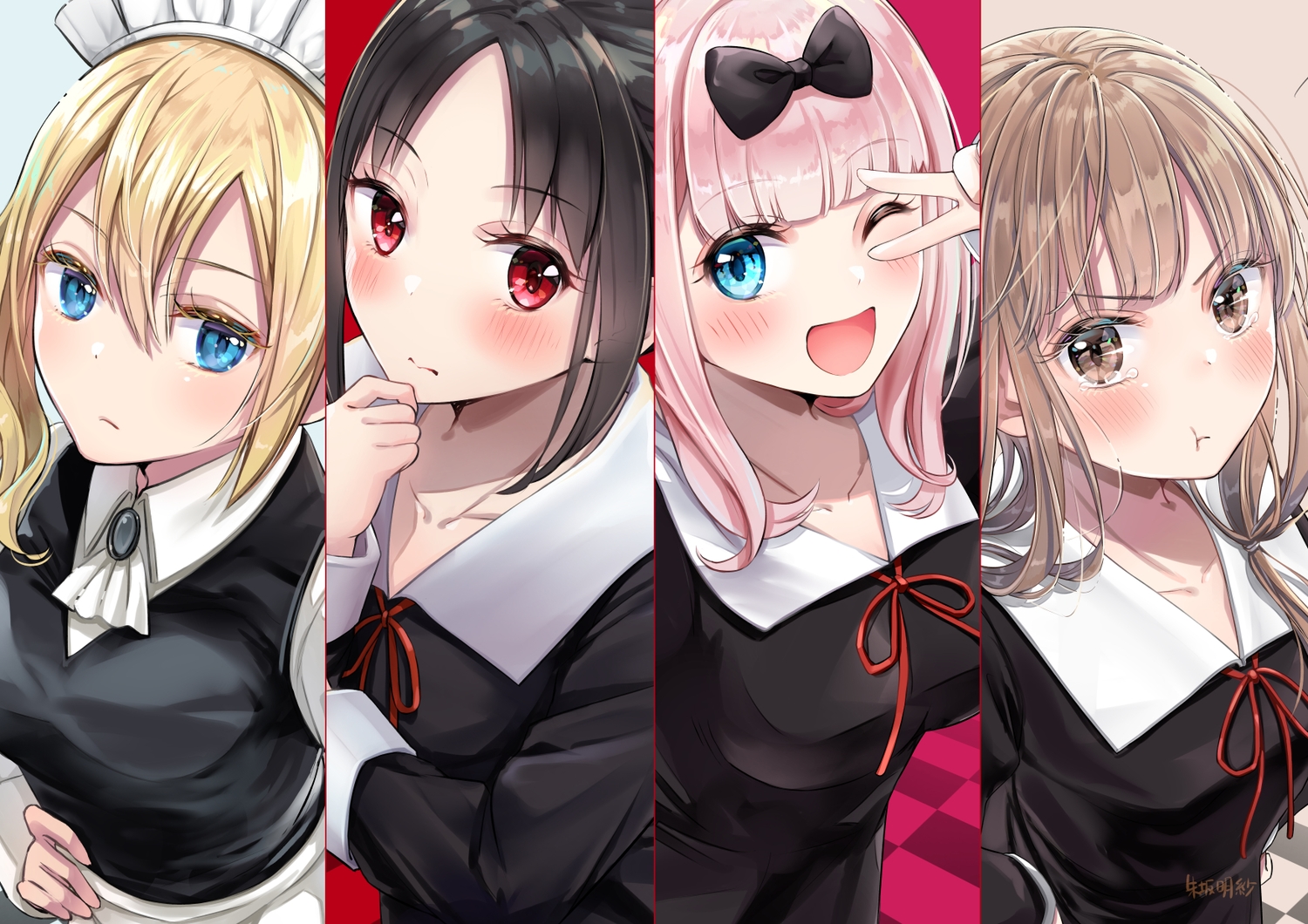 akasaka_asa, black_hair, blonde_hair, blue_eyes, blush, brown_eyes, brown_hair, fujiwara_chika