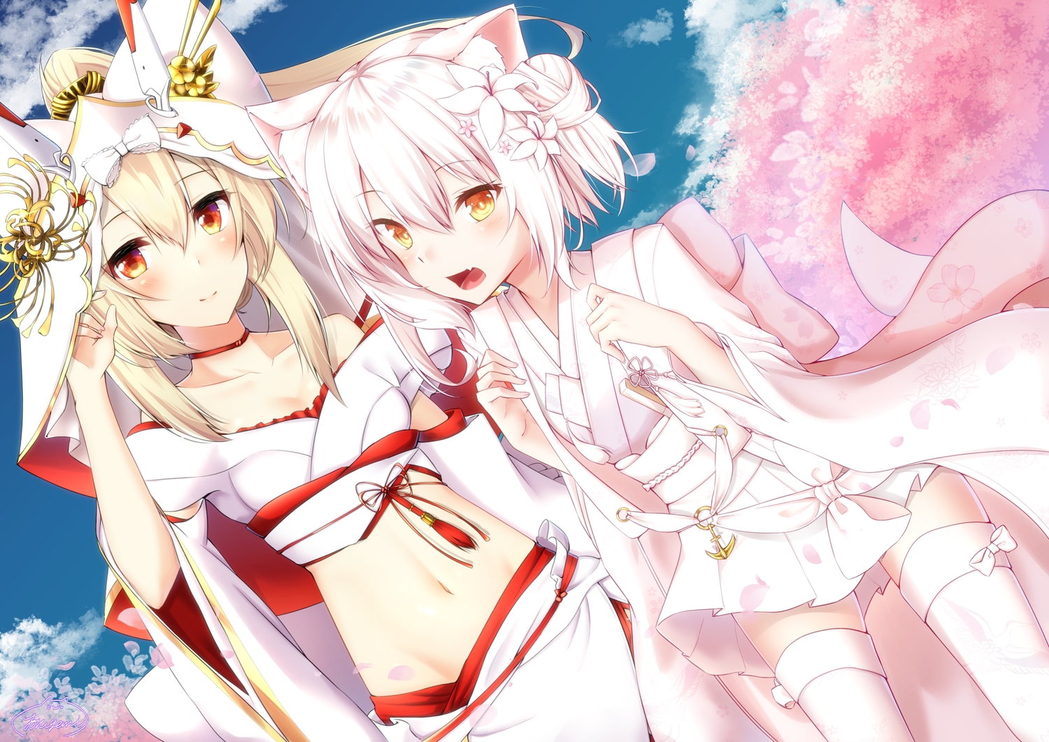 2girls, animal_ears, anthropomorphism, ayanami_(azur_lane), azur_lane, blonde_hair, catgirl, cherry_blossoms