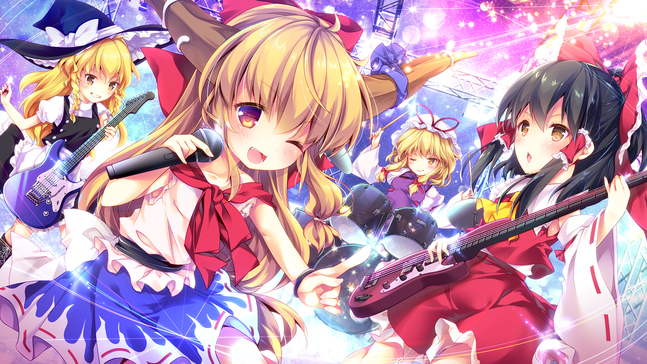 drums, enjoy_mix, group, guitar, hakurei_reimu, ibuki_suika, instrument, japanese_clothes, kirisame_marisa, loli, miko, touhou, witch, yakumo_yukari
