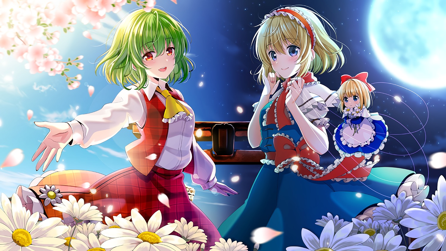 2girls, alice_margatroid, blonde_hair, blue_eyes, blush, bow, cherry_blossoms, clouds
