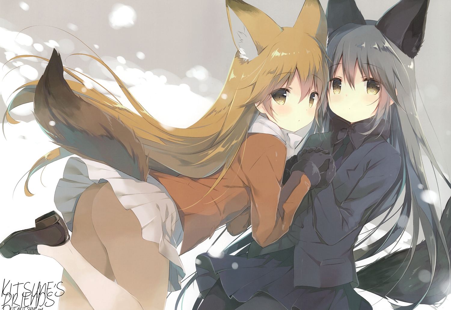 2girls, animal_ears, anthropomorphism, ass, brown_eyes, brown_hair, foxgirl, gloves
