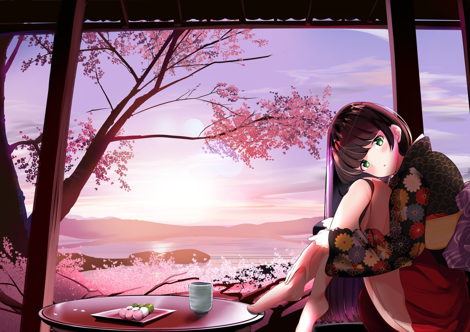 barefoot, blush, brown_hair, cherry_blossoms, clouds, drink, flowers, food