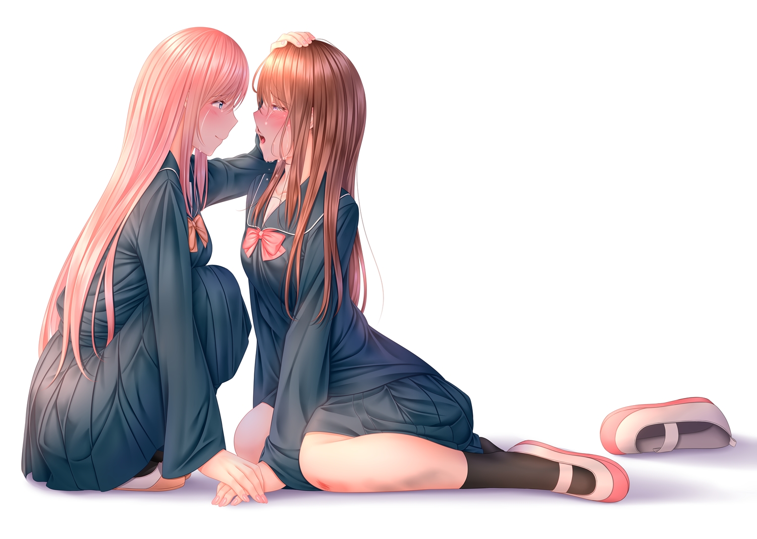 2girls, blood, blue_eyes, blush, brown_hair, crying, naginagiwaffle, nosebleed, original, pink_hair, school_uniform, shoujo_ai, skirt, tears, white