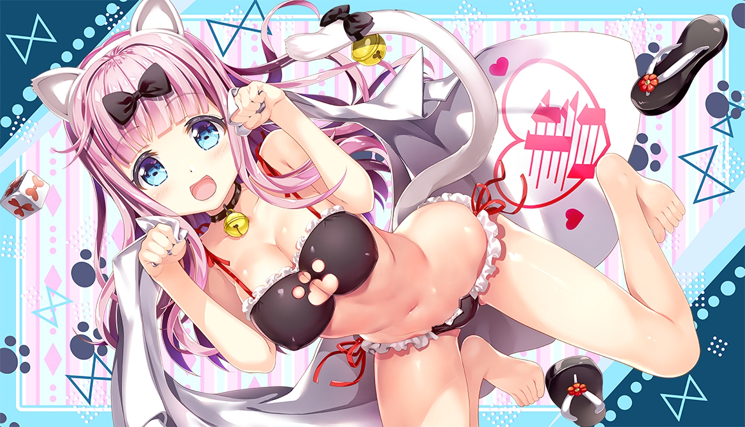 animal_ears, aqua_eyes, bell, blush, bow, bra, breasts, catgirl, cleavage, collar, erect_nipples, fujima_takuya, fujiwara_chika, kaguya-sama_wa_kokurasetai_~tensai-tachi_no_renai_zunousen~, long_hair, navel, panties, pink_hair, ribbons, tail, underwear, waifu2x