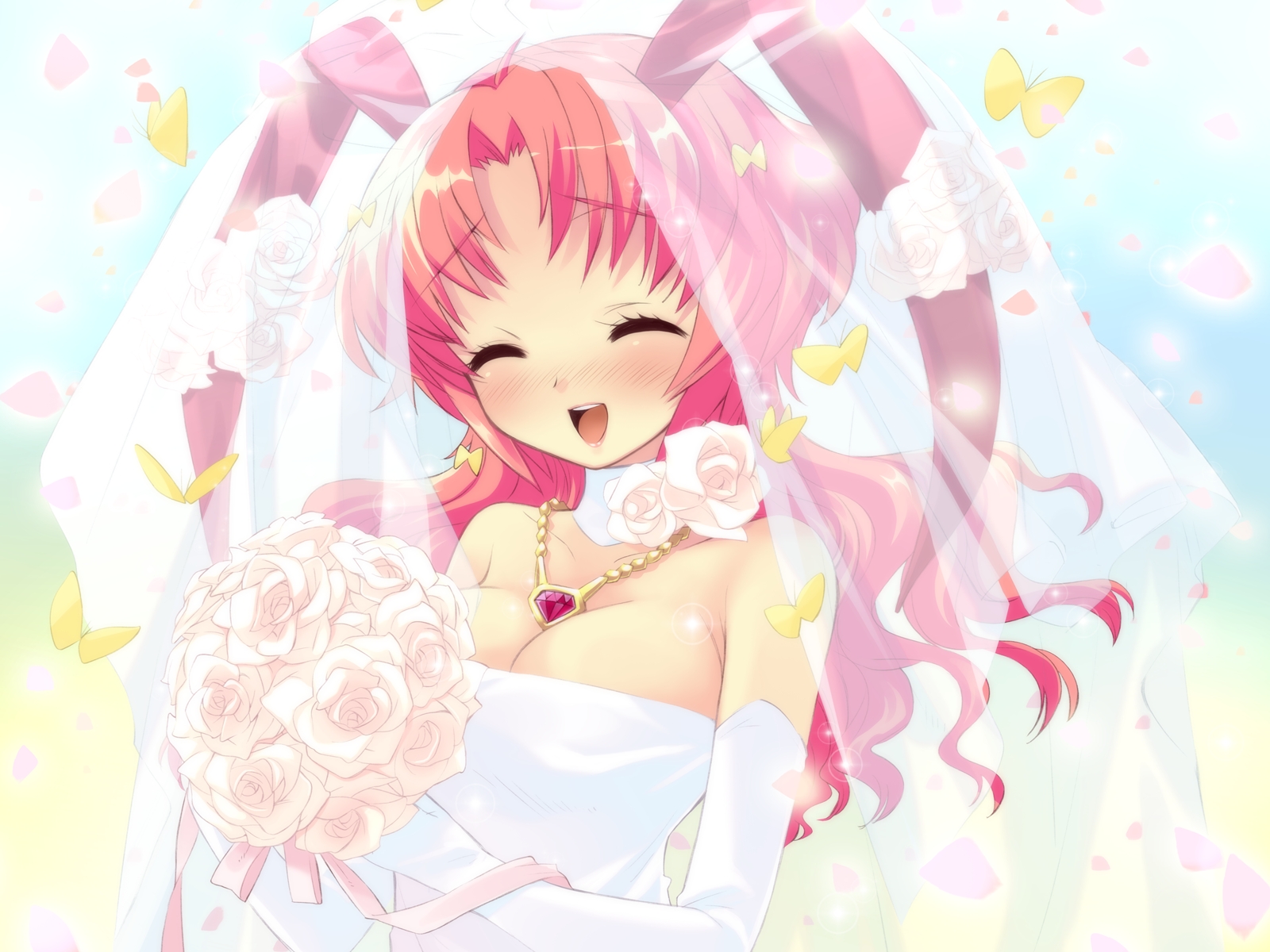 alice_parade, animal_ears, breasts, bunny_ears, bunnygirl, butterfly, cleavage, elbow_gloves, flowers, game_cg, gloves, long_hair, pink_hair, rose, unisonshift, usagi_luna_hatsujou, wedding_attire