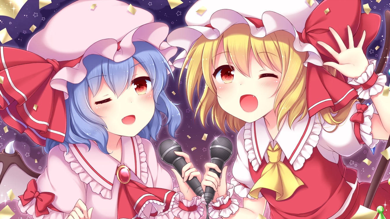 2girls, blonde_hair, blue_hair, blush, bow, fang, flandre_scarlet, loli