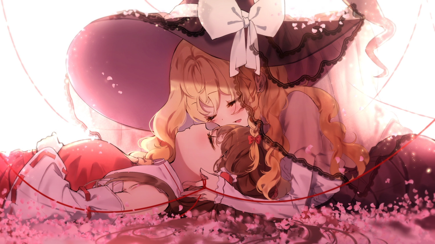 2girls, blonde_hair, bow, braids, brown_hair, cherry_blossoms, flowers, hakurei_reimu