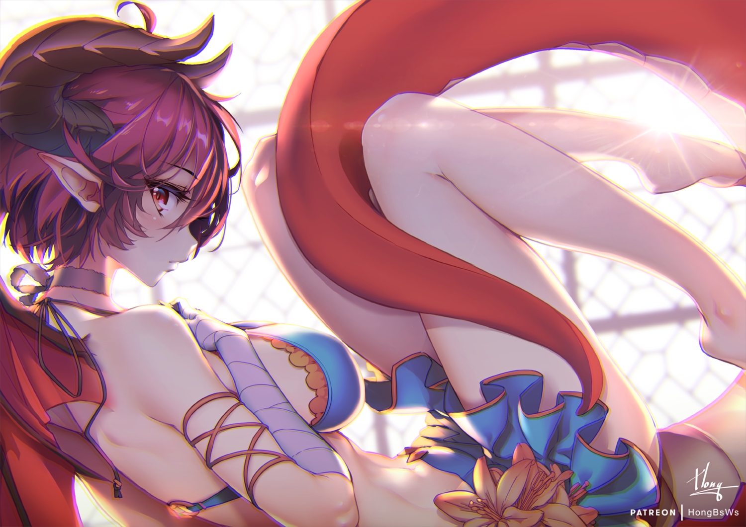 bandage, bikini, breast_hold, breasts, choker, granblue_fantasy, grea_(shingeki_no_bahamut), hong_(white_spider), horns, pointed_ears, purple_hair, red_eyes, shingeki_no_bahamut, short_hair, signed, skirt, swimsuit, tail, waifu2x, watermark, wings