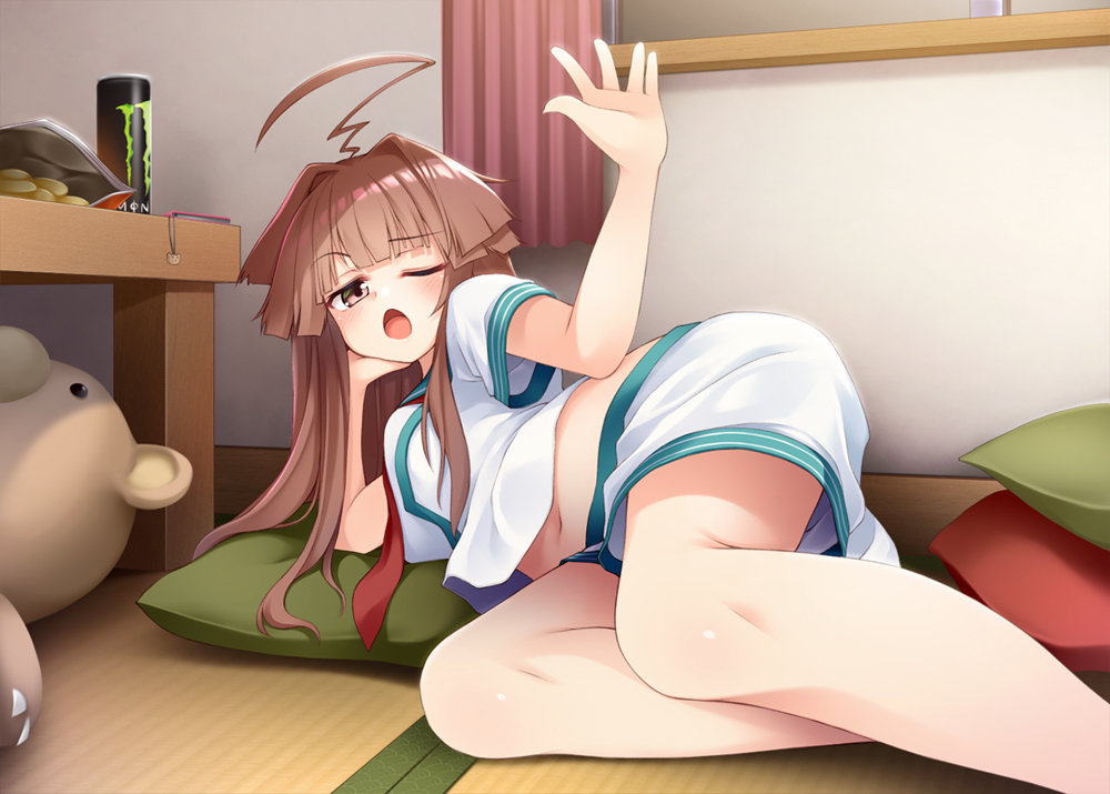 anthropomorphism, brown_eyes, brown_hair, drink, food, kantai_collection, kuma_(kancolle), long_hair, mofu_namako, navel, school_uniform, shorts, teddy_bear, wink